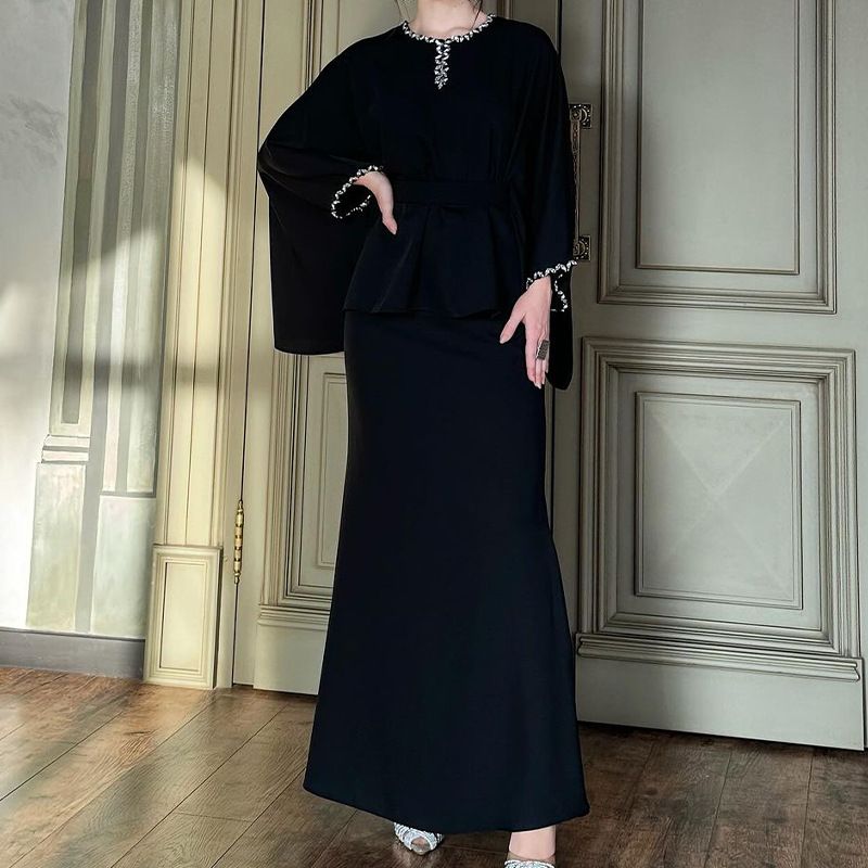 Women's Clothing Autumn New Round Neck Bat Sleeve Waist Slim Dress Suit for Women_desvips.com