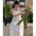 Korean Chic Summer New French Style Elegant High Waist Slimming Solid Color Strap V-neck Women Long Dress_desvips.com