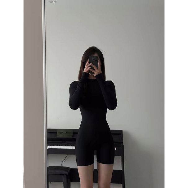 European American Style Open-neck Zippered Long-sleeve One-piece T-shirt For Women, Slim-fit Sports And Fitness_desvips.com