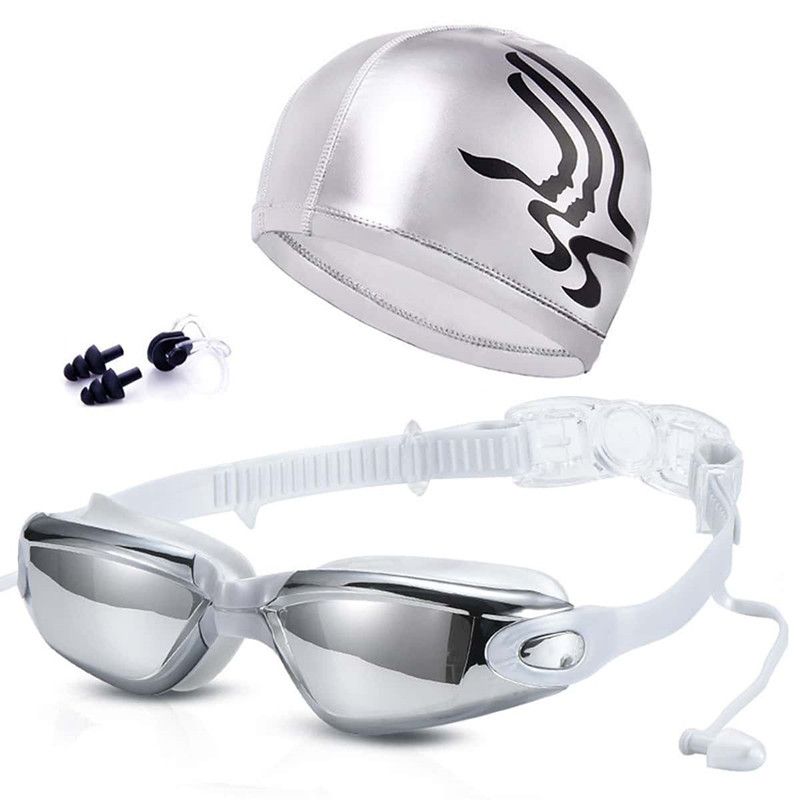 Adult Men And Women Anti-fog Electroplating Swimming Goggles + Silicone Nose Clip Earplugs +PU Swimming Cap Combination Set_desvips.com