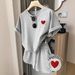 2025 Summer Loose Casual Sports For Women, Embroidered Heart Design, Youthful Gray Short-Sleeve T-Shirt And Shorts_desvips.com