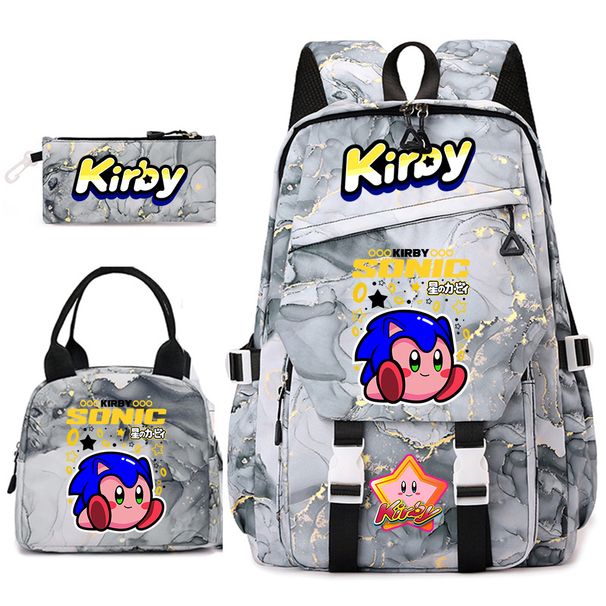 Kirby Cartoon Print Student Backpack Set For Girls With Lunch Bag And Pencil Case School Bookbag Lightweight Daypack_desvips.com