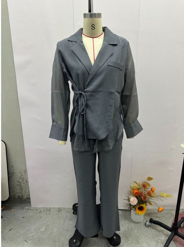 Women's Clothing High grade sun proof suit in summer chiffon splicing two piece jacket, high waist wide leg trousers, two piece suit_desvips.com