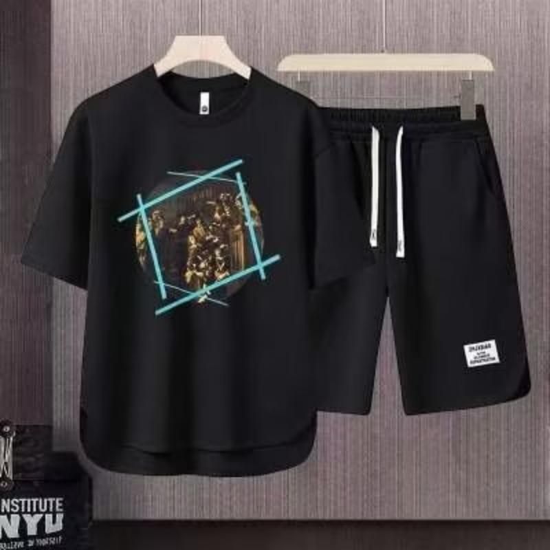 Men's Clothing 2024 Waffle Casual Summer Suit Loose Teen Short sleeved T shirt Shorts Handsome Two piece Suit_desvips.com