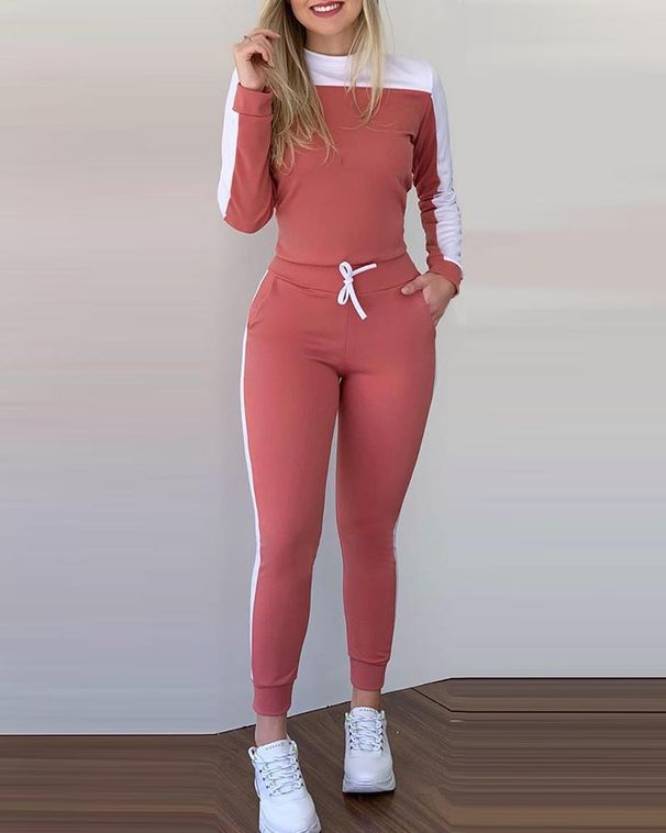 Women's Clothing new outdoor sports color matching long sleeved trousers comfortable casual suit for women_desvips.com