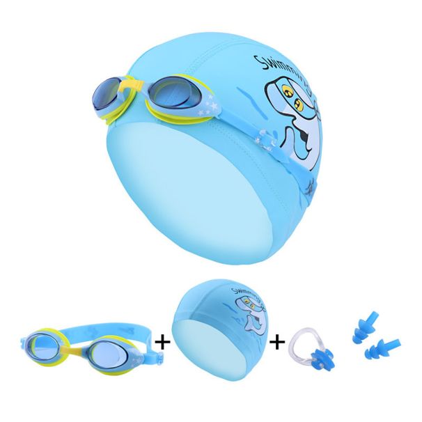 Children's outdoor swimming goggles suit Pu cloth dolphin swimming cap nose clip earplugs waterproof anti-fog swimming goggles three-piece set_desvips.com