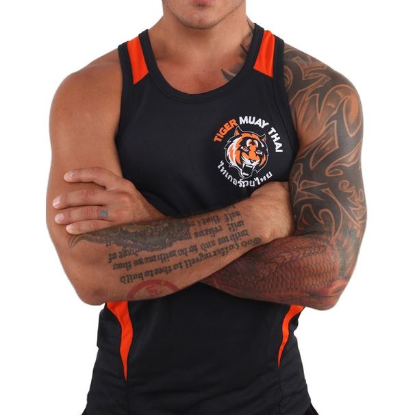 2026 Tiger Tank Top Fighting Running Sports Fitness Fighting Elastic Knitted Fabric Splicing Orange Tank Top_desvips.com