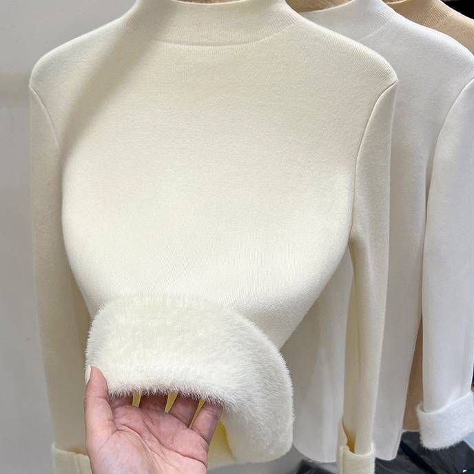 Women's Fleece-Lined Knit Sweater Semi-Turtle Neck Winter Thermal Long Sleeve Tops In Soft Pastel Colors_desvips.com