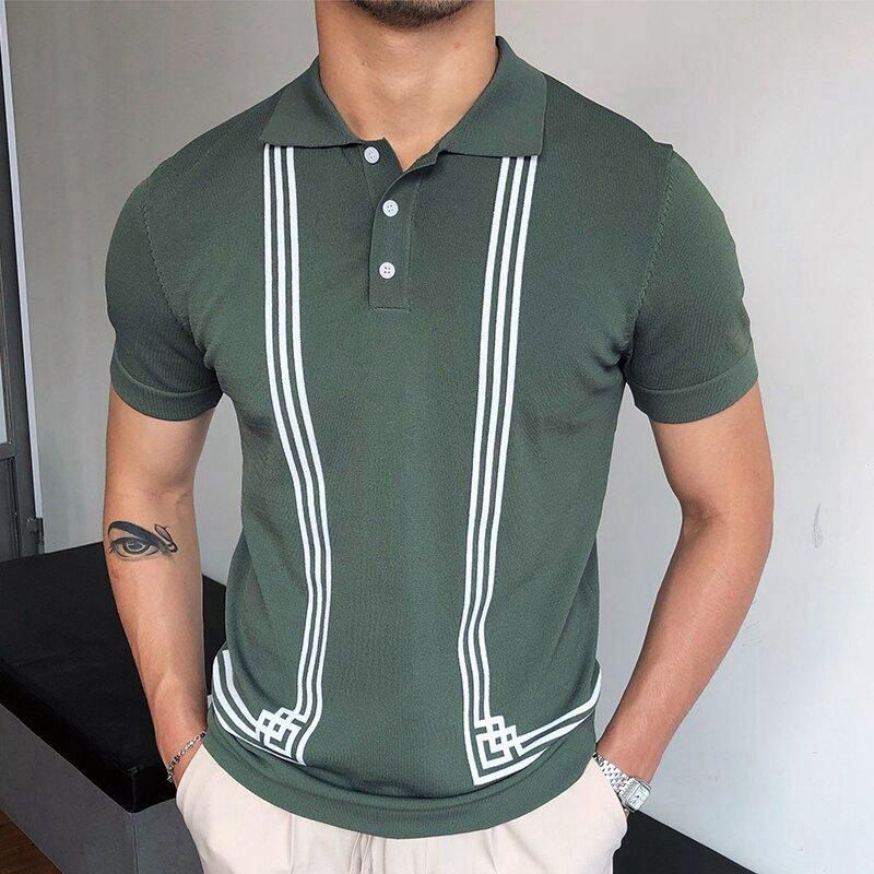Men's Clothing New Men's Green Striped Short Sleeve Slim Fit Polo Shirt Knitted T Shirt Male_desvips.com