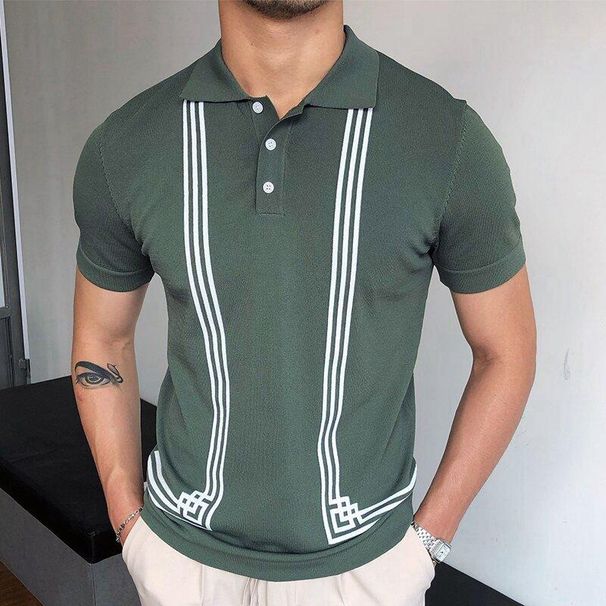 Men's Clothing New Men's Green Striped Short Sleeve Slim Fit Polo Shirt Knitted T Shirt Male_desvips.com