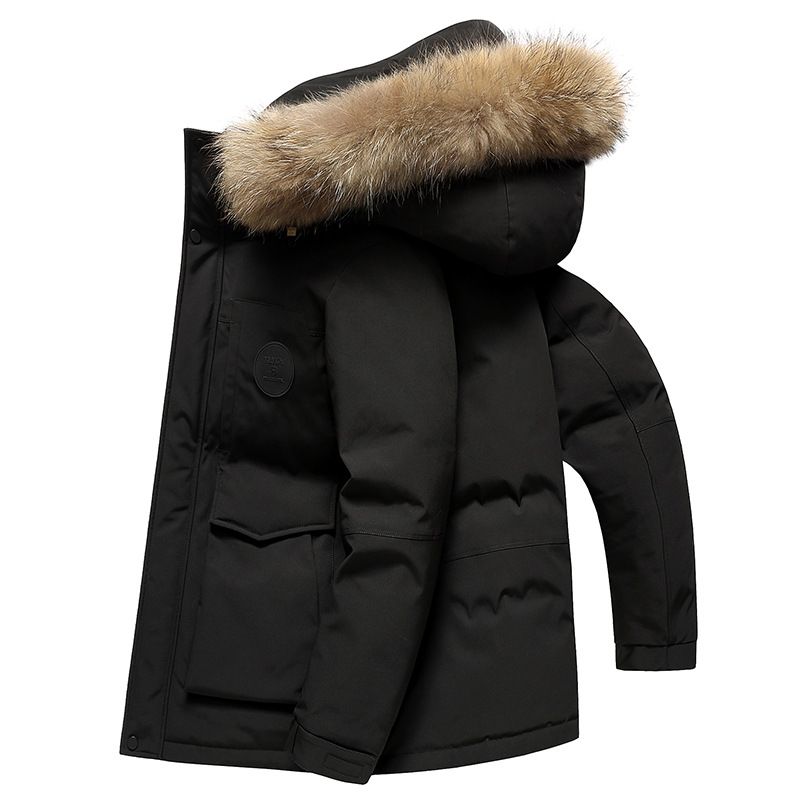 Men's Thick Down Jacket With Detachable Raccoon Fur Hood - 90% White Duck Down, Windproof & Warm Coat For Business Casual Wear_desvips.com