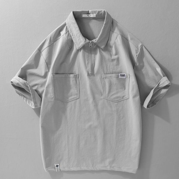 Retro Mountain Style Workwear Men's Short Sleeved Trendy Summer Quick Drying Breathable Shirt Collar With Half Zipper_desvips.com