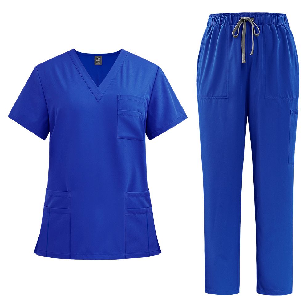 Women's new V-neck split medical overalls, pocket straight pants, men's and women's toiletries_desvips.com