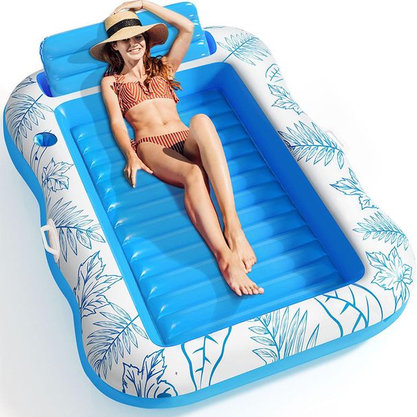 Premium Inflatable Lounge Bed - Thickened PVC With Backrest & Cup Holders (Double Sunbathing Floating Mat For Pool/Beach 200cm UV Resistant)_desvips.com