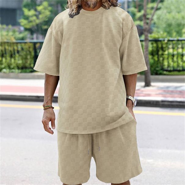 Summer 2025 Fashion European-USA Style Men's Round Collar Short Sleeve T-Shirt + Elastic Waist Shorts Chessboard Pattern 2 Piece Casual Sets S-3XL_desvips.com