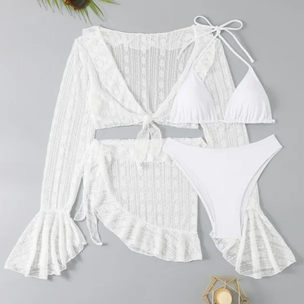 2025 Women Swimsuit Long-sleeve Cover-up Swimwear Sexy Four-piece Summer Solid Bikini Set Brazilian Beachwear Party_desvips.com