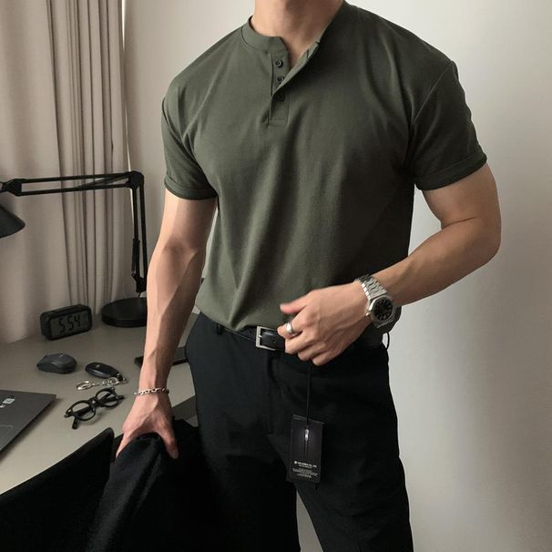 American Retro Heavyweight Short Sleeve T-Sh Men Polo Mature And Stable Tight Cuff Fitness Sports Tough Guy Henley_desvips.com