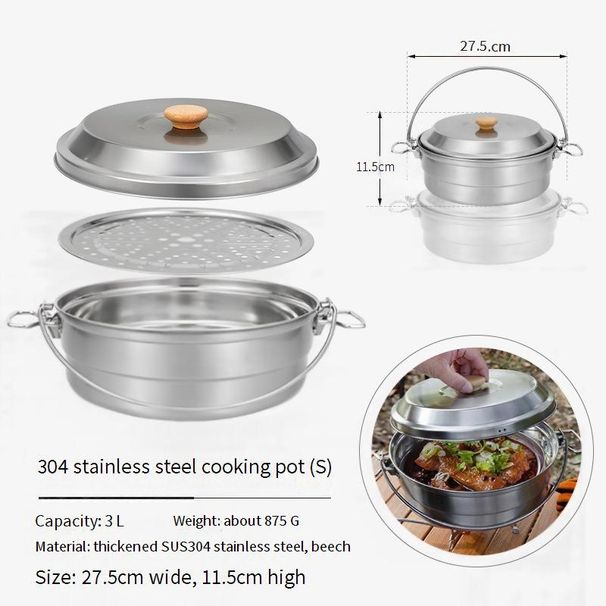 Stainless Steel Camping Steamer Pot - 304 Grade For Outdoor Cooking (Portable & Multi-Functional) - Rice Noodles & Soup Cooker With Steamer Basket_desvips.com