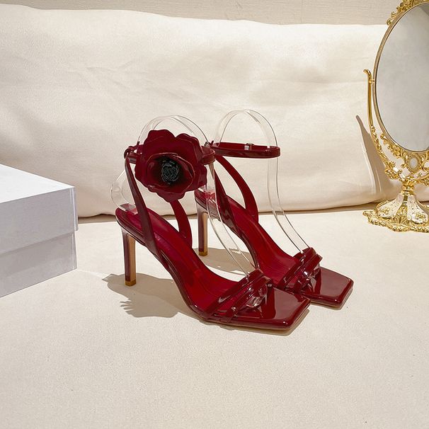 Women's fashion square head patent leather flower open-toed high heels with every summer French sandals_desvips.com