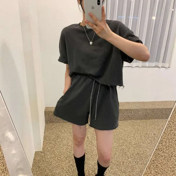 Korean Chic Summer Versatile Loose Outfit For Women Short Sleeve T-Shirt Shorts Elastic Waist Two-Piece Set Trendy_desvips.com