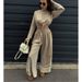 Women's clothing fashion solid color lace short long-sleeved top wide-leg pants two-piece set_desvips.com