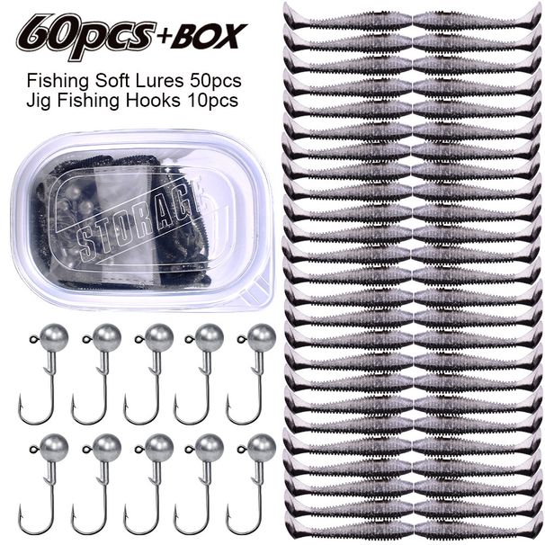 Lure Lead Head Hook Combination T Tail Bait Set Freshwater Bass Snakehead Fish Topmouth Culter Long Casting Soft Worm_desvips.com