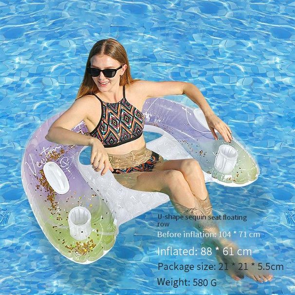 Glitter Watercolor U-Shaped Pool Lounger Inflatable Floating Seat With Cup Holder Multi Position Recliner For Pool Beach_desvips.com