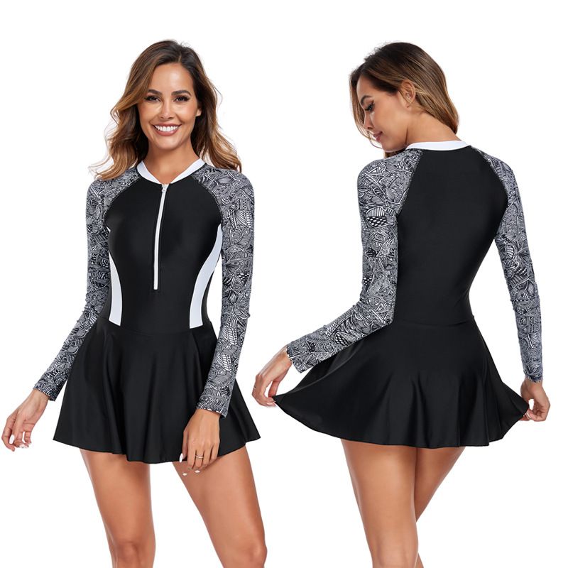 Women's Long Sleeve Rashguard Dress Swimsuit - Color Block Surfing & Beach Dress With Front Zipper Slim Fit UPF 50+ UV Protection_desvips.com