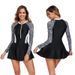 Women's Long Sleeve Rashguard Dress Swimsuit - Color Block Surfing & Beach Dress With Front Zipper Slim Fit UPF 50+ UV Protection_desvips.com
