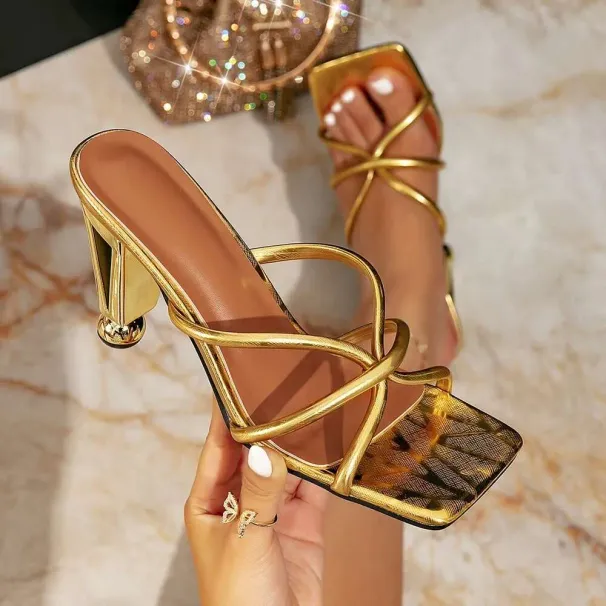 New Huizhou Gold Irregular Square Toe Slip-On Women's Shoes Fashion Party High Heel Sandals For Women_desvips.com