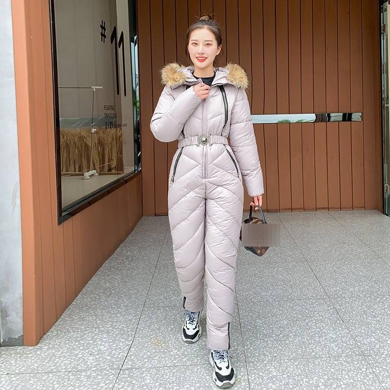 Women's Winter Ski Suit - Thermal Insulated One-Piece Jumpsuit, Water-Resistant Polyester, Slim Fit (Black, Coffee, Dark Grey, Green, White, Pink)_desvips.com