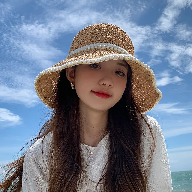 Face-Slimming Hat For Women, Woven Pearl Straw Summer Thin Sunshade, Protection, Beach Fisherman Sun Hat, Cool_desvips.com
