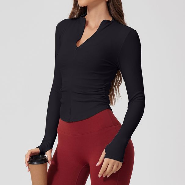 Bare Sleeved Ribbed T Shirt Tight Fitting Stretchy And Slimming Half Zip Training Top for Yoga Wear And Outdoor Sports_desvips.com