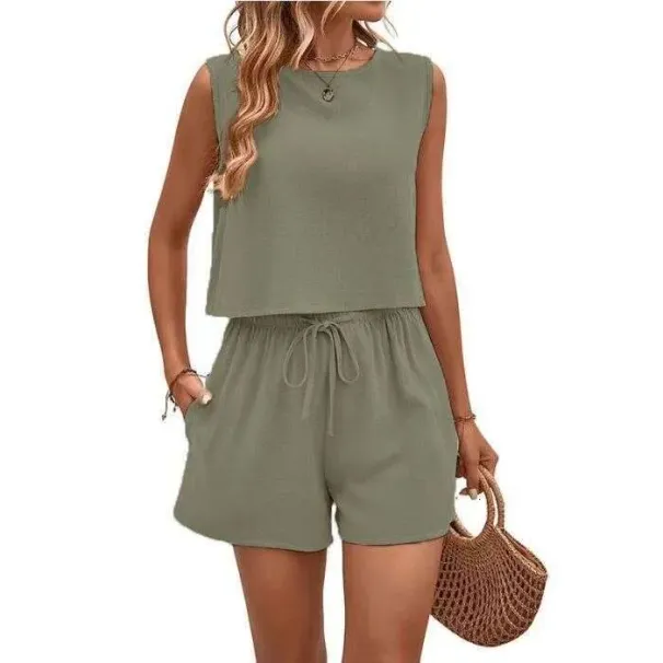 Fashion Sportswear Set For Women, Casual Loose Fit, Sleeveless Top And Shorts Two-Piece Set, Trendy_desvips.com