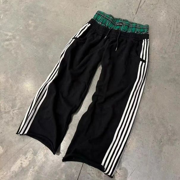 New American Style Washed Casual High Street Men's Wide-Leg Patchwork Sports Pants Sweatpants_desvips.com