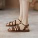 Niche design flat sandals female summer casual retro one word buckle strap open toe round head Roman women's shoes_desvips.com