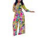 Women's Fashion Print Two-piece Suit Lapel Tie Shirt Wide Leg Pants Suit_desvips.com