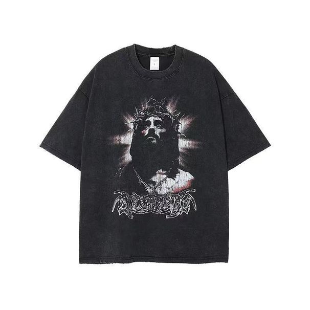 Pure Cotton God Portrait Graffiti FOG Print American Street Style Vintage Loose Short Sleeve T Shirt For_desvips.com