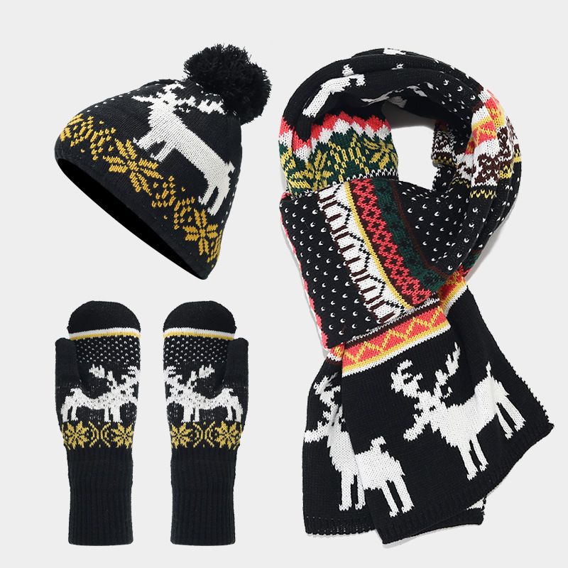 Cozy Christmas Knit Set - Reindeer Pattern Scarf, Hat & Gloves For Winter Warmth (Available In Fingerless & Full-Finger Styles, Multiple Colors)_desvips.com