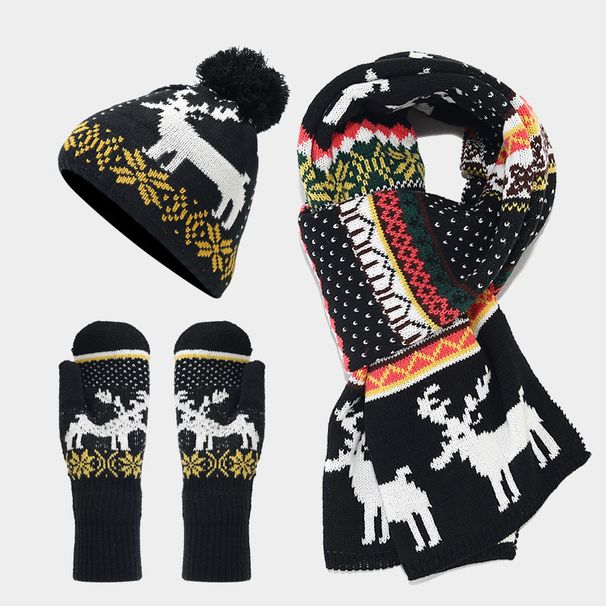 Cozy Christmas Knit Set - Reindeer Pattern Scarf, Hat & Gloves For Winter Warmth (Available In Fingerless & Full-Finger Styles, Multiple Colors)_desvips.com