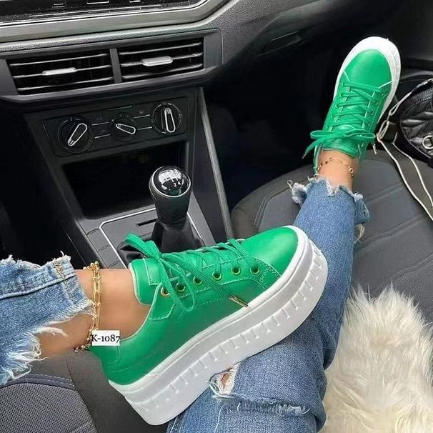 Fashion New Women Lace-up Leather Casual Thick Heel Flat Vulcanize Sneaker Shoes Zapatillas Mujer A0087_desvips.com
