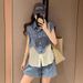 Casual Sports Suit For Women, Summer Street Style, Youthful Trendy, Petite Denim Patchwork Sleeveless Vest And Shorts_desvips.com