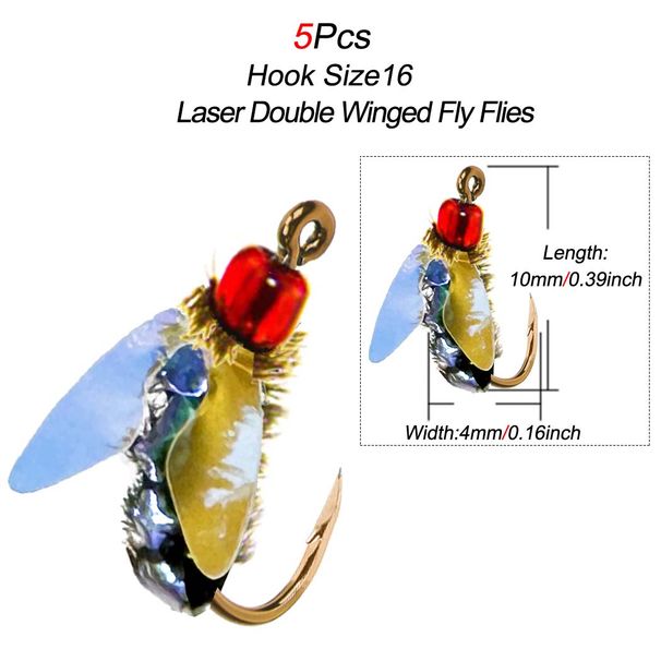 5pcs Realistic Laser Double Winged Fly Fishing Flies Artificial Bionic Flies Insect Lure For Bass Fishing Trout Lure Carp Bait_desvips.com