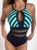 New Striped Print Sexy Backless Mesh Patchwork One-piece For Women_desvips.com