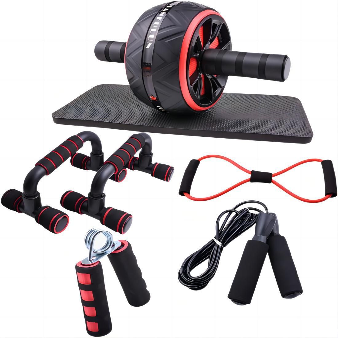 Red Abdominal Wheel 7 Piece Set Small Home Fitness Equipment Gripper Push Up Stand Abdominal Muscle Wheel Training Equipment_desvips.com