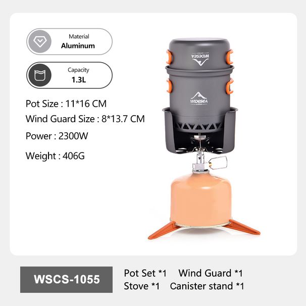 Widesea Portable Camping Stove Set Aluminum 1.3L Pot Wind Guard Canister Stand 2300W All-in-One For Outdoor Cooking_desvips.com