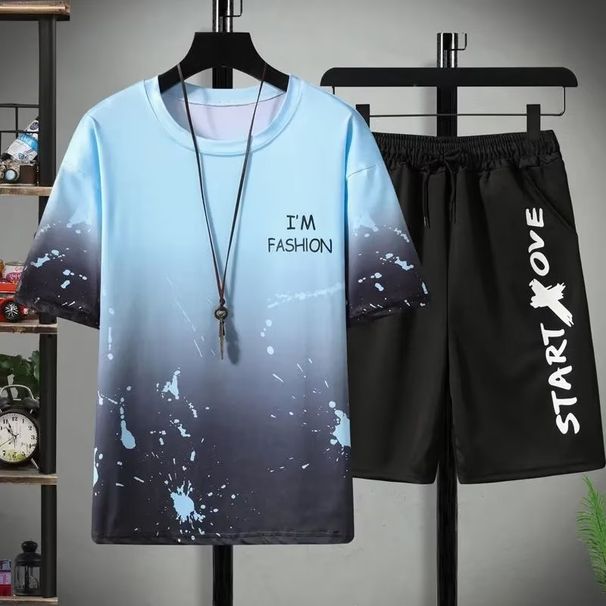 Short Sleeve T-Shirt For Men Teenagers Summer Ins Trend Brand Waffle Student Matching Set Stylish Casual Sports Outfit_desvips.com