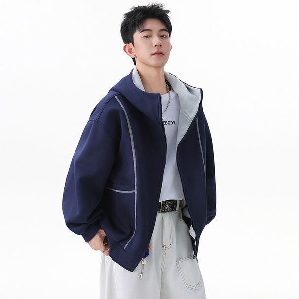 Men's Streetwear Heavyweight Hoodie | Oversized American Style Zip-Up With Contrast Stitching & Air-Layer Design_desvips.com