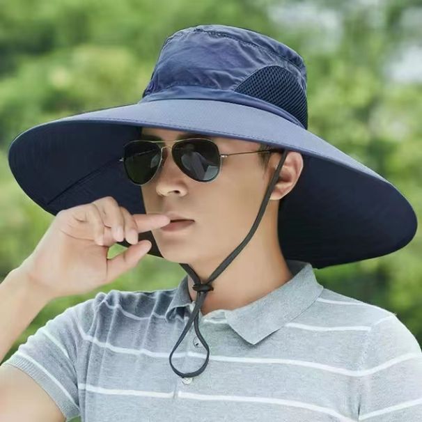 Ins Wide Brim Men's Bucket Hat Anti-UV Polyester Sun Protection Hat Mesh Breathable Hat For Men Summer Fishing_desvips.com