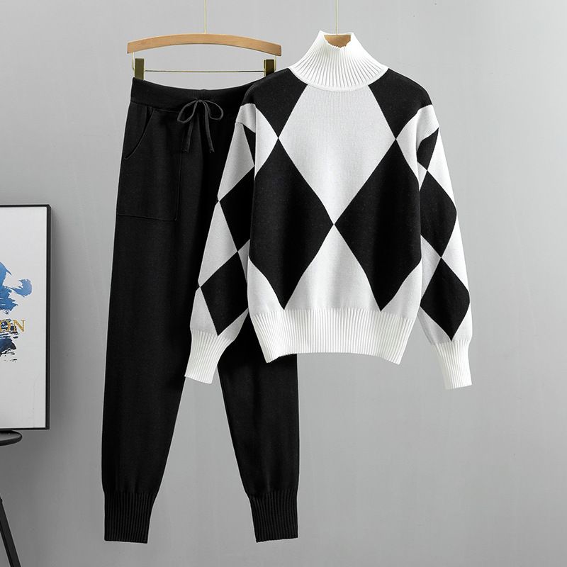Women's Clothing Casual knitted plaid sweater two-piece set_desvips.com